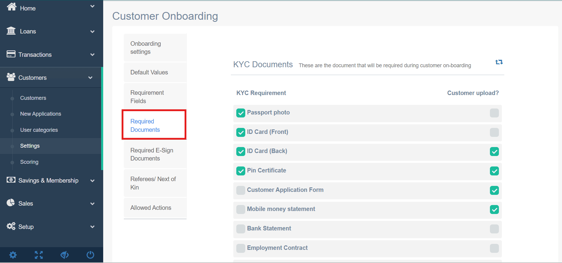Figure 3.2a The interface for defining mandatory KYC documents required for all registered customers.